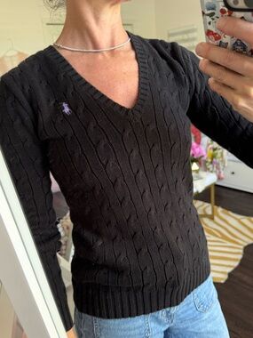 Ralph Lauren Black Pony Cable Knit Sweater V Neck Fitted Preppy XS S